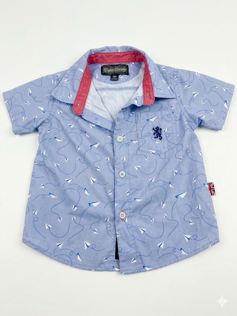 English Laundry 18M Toddler Boy Shirt Paper Plane Print Blue Button Down Lion